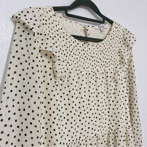Madewell Midi Dress Georgette Smocked Ruffle Shoulder Inkbrush Dots Size M - Picture 5 of 15